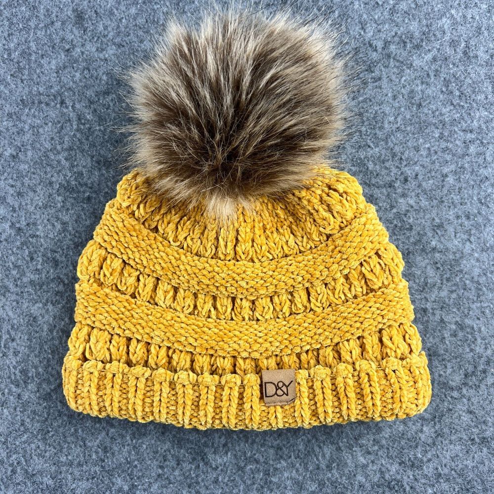 Winter Thick Warm Knit Faux Fur Pom Stretchy Beanie Yellow